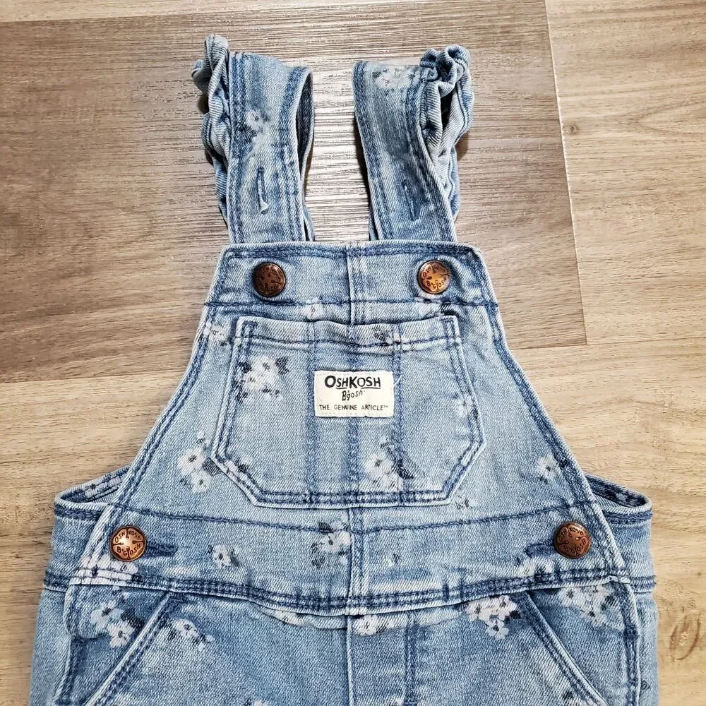 Vtg Oshkosh B'gosh Denim Floral overalls size 6 months Snap Leg Ruffel Strap